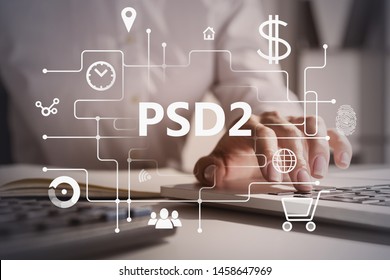 Hand of woman using laptop computer in blurred office with double exposure of online shopping interface and PSD2 text. Concept of online payment and ecommerce. Toned image - Shutterstock ID 1458647969