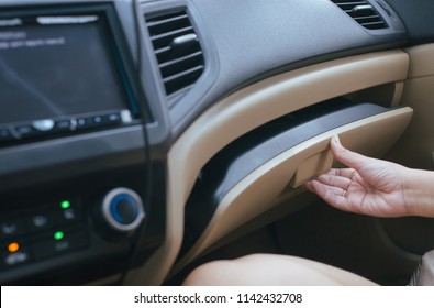 Hand Women Open Glove Compartment Box Inside Modern Car