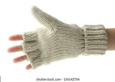 Hand in wool fingerless gloves, isolated on white