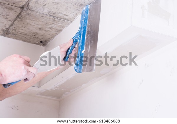 Hand Worker Using Gypsum Plaster Ceiling Stock Photo Edit