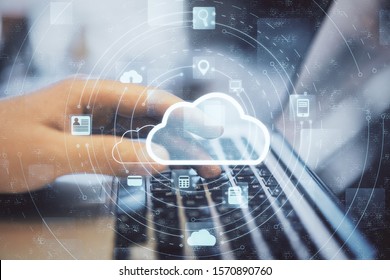 Hand Working With Cloud Computing Diagram. Cloud Computing And Communication Concept.