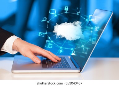 Hand Working With A Cloud Computing Diagram, New Technology Concept