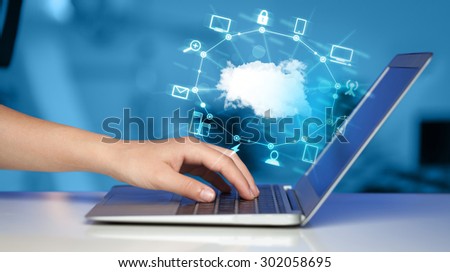 Hand working with a Cloud Computing diagram, new technology concept