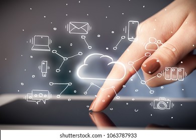 Hand working with cloud technology system and office symbol concept