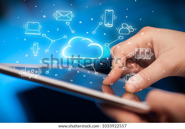 Hand working with cloud technology system and office symbol concept
