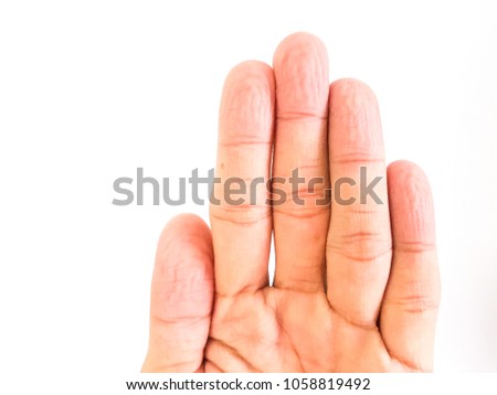 Hand and wrinkled fingers after water for a long time, Isolated, white background