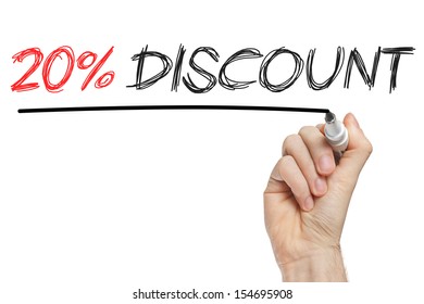 Hand writing 20 percent discount on whiteboard isolated