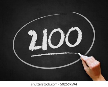 A hand writing '2100' on chalkboard.