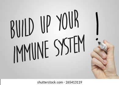 Hand Writing Build Up Your Immune System On Grey Background