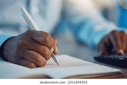 Hand, writing and calculator with notebook, planning and budget for tax, compliance or finance for investing. Man, book and pen for financial decision, plan or goals with vision, accounting or saving - Powered by Shutterstock