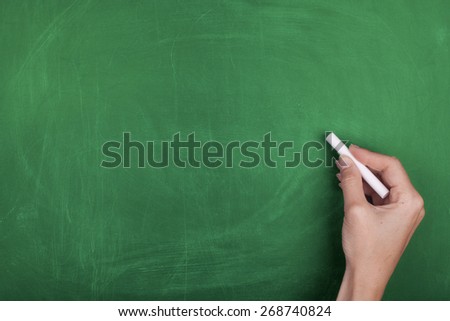 Hand Writing with Chalk on Empty Green Chalkboard 