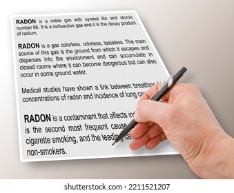 Hand writing a definition and explanation of natural dangerous Radon Gas - concept image. - Shutterstock ID 2211521207