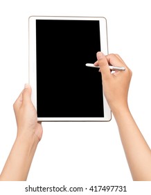 Hand Writing Digital Stylus On The Phone Tablet Isolated On White Background