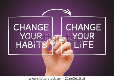 Hand writing motivational quote Change Your Habits Change Your Life with marker on transparent wipe board on dark purple background.