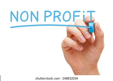 Hand Writing Non Profit With Blue Marker On Transparent Wipe Board Isolated On White.