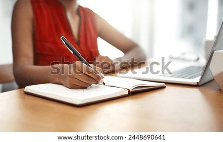 Hand, writing and notes in notebook from home office with schedule for business or ideas in mindmap. Person, planning and reminder in calendar with deadline info or creative solution to project