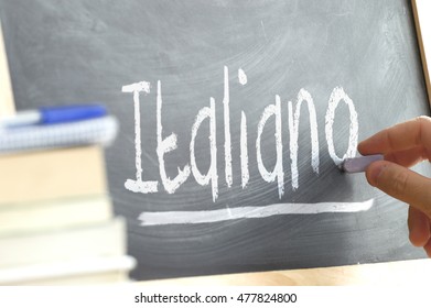 Hand Writing On A Blackboard In A Language Class With The Word 