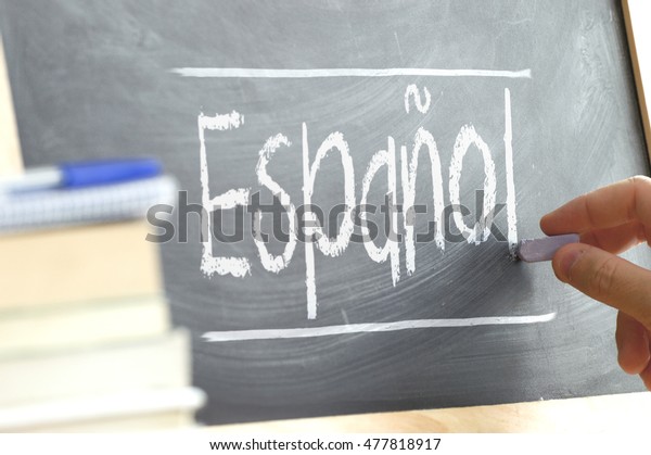 Hand writing on a blackboard in a language
class with the word 