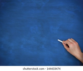 Hand Writing On Blue Board With Chalk