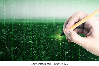 Hand writing on to computer program code business city.