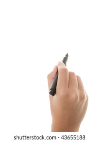 Hand Writing On Copy Space. Beautiful Female Hand Holding Black Marker Pen . Brightly Lit With Back Light And Isolated On White Background.