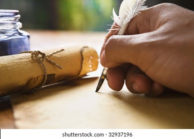 Hand Writing On Old Parchment / Paper Using Quill Pen