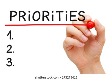 Hand Writing Priorities List With Marker Isolated On White.