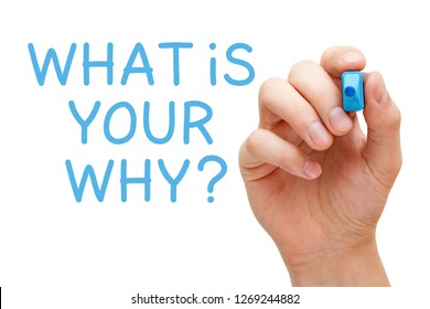 Hand Writing A Question What Is Your Why With Blue Marker On Transparent Wipe Board.