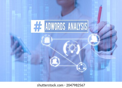 Hand writing sign Adwords Analysis. Business approach monitor campaigns and ensuring investment returns in ads Lady In Uniform Touching And Using Futuristic Holographic Technology.