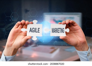 Hand Writing Sign Agile Marketing. Concept Meaning Focusing Team Efforts That Deliver Value To The Endcustomer Business Woman Holding Jigsaw Puzzle Piece Unlocking New Futuristic Tech.