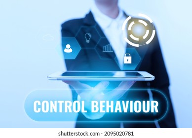 Hand Writing Sign Control Behaviour. Business Overview Exercise Of Influence And Authority Over Human Conduct Lady In Suit Presenting Mobile Device With Futuristic Interface Tech.