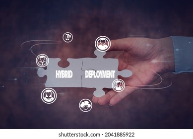 Hand writing sign Hybrid Deployment. Business showcase a combination of onpremises applications or data Hand Holding Jigsaw Puzzle Piece Unlocking New Futuristic Technologies.