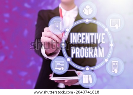 Hand writing sign Incentive Program. Business approach specific scheme used to promote certain action or behavior Lady In Uniform Holding Tablet In Hand Virtually Typing Futuristic Tech.