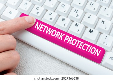 Hand Writing Sign Network Protection. Business Showcase Protect The Usability And Integrity Of The Network Typing Difficult Program Codes, Writing New Educational Book