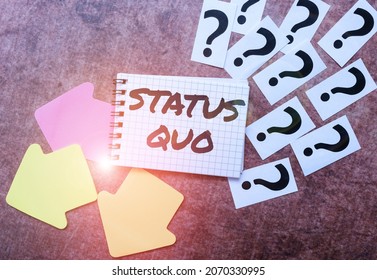 Hand Writing Sign Status Quo. Word Written On Existing State Of Affairs Regarding Social Or Political Issues Writing Inquiries And Thinking Of New Ideas, Breaking Confusion And Mystery