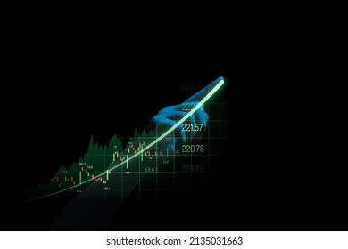 Hand writing statistics increasing arrow with stock market graph for business investment and growth grain profit economy concept.