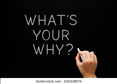 Hand Writing What Is Your Why Existential Question With White Chalk On Blackboard. 