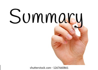 Hand writing the word Summary with black marker on transparent wipe board isolated on white.