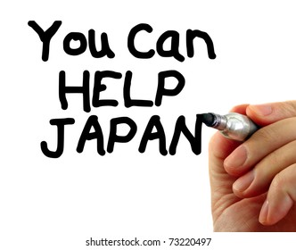 Hand writing "You Can Help Japan", isolated on white background.