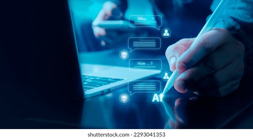 Hand written Digital chatbot to access data and information in online network. Robot Applications and Global Connectivity AI Artificial Intelligence innovation and technology AI assistance