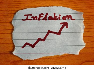 Hand Written Inflation Word On White Paper Note With Increasing Graph Arrow On Wooden Background