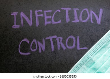 Hand Written Word Infection Control On Blackboard With Medical Mask