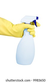 Hand in a yellow glove with blue cleaning spray. Isolated on white - Shutterstock ID 9983650