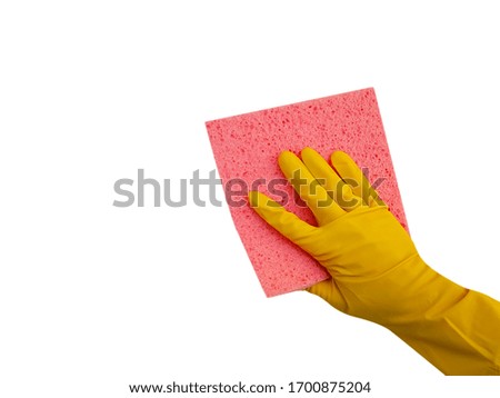 hand in yellow glove for cleaning rag isolated