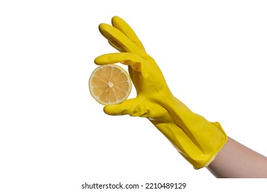 Hand In Yellow Rubber Glove For Cleaning Hold  A Lemon On A White Background, Natural Cleaning Products For Home And Kitchen, Professional Cleaning