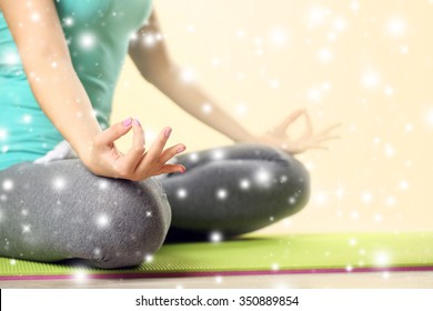 Hand Yoga Gesture On Bright Background Over Snow Effect