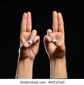 Hand Yoga Gesture Prana Mudra On Black Background