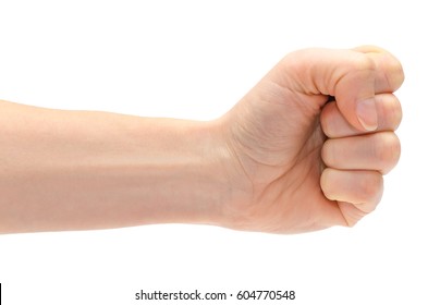 hand of young girl shows fist. Isolated on white background - Shutterstock ID 604770548