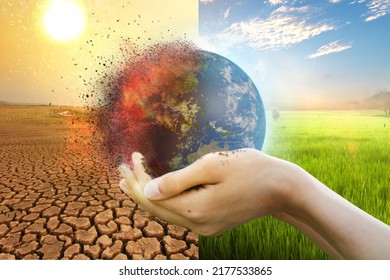 Hand of young man hold world globe with burn hot by drought environment and beautiful green abundance nature metaphor Climate change. Elements of this image furnished by NASA - Shutterstock ID 2177533865