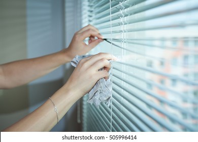 Hand Of Young Woman Cleaning Blinds By Cloth; Housework (vignette)